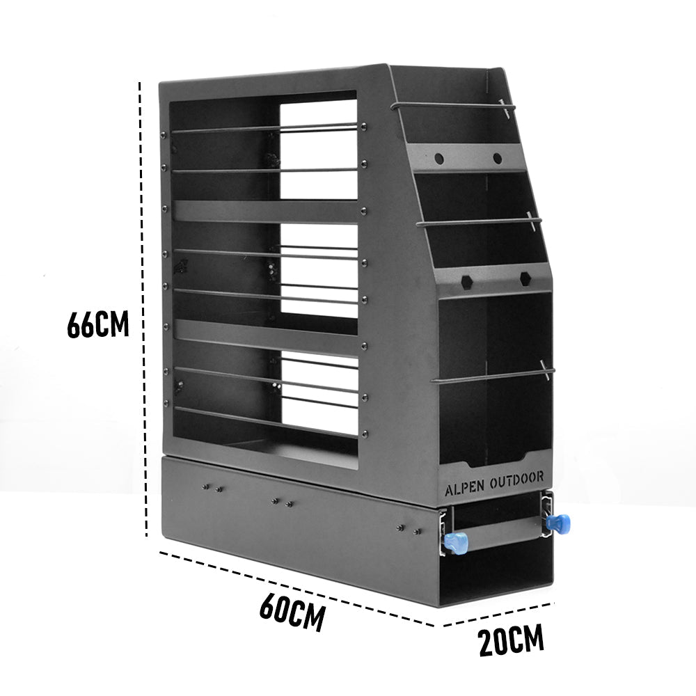 Alpen Outdoor 200mm Aluminium Canopy Pantry Slideout Pullout Vehicle Organiser Pantry with Holder for Camper 4WD Van Ute Toolbox Outdoor Easy Access YS