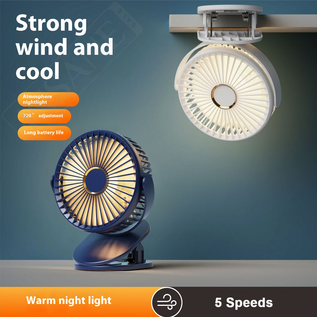 Clip Fan 125mm Brushless Ventilation Fan Wireless 5-Speed USB 5V Built-in 1200mAh Battery with Light (White/Blue)