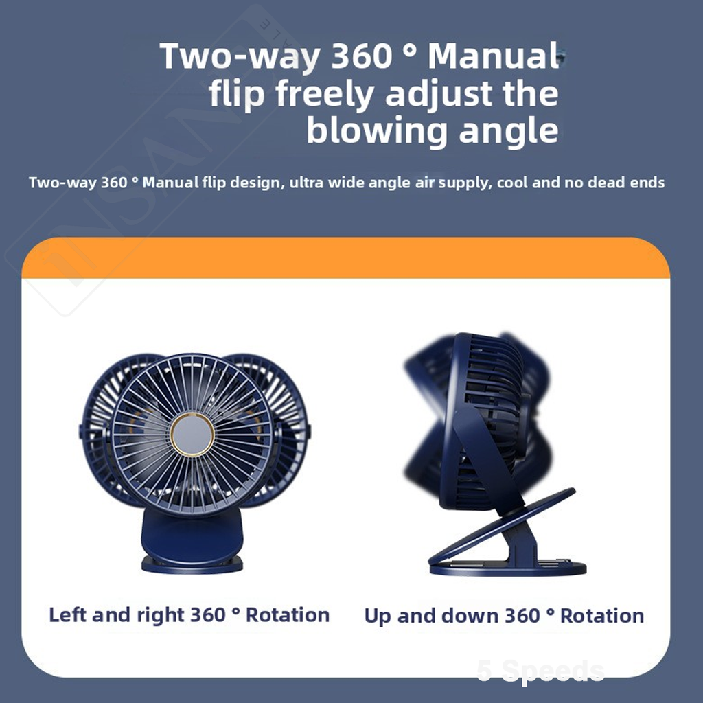 Clip Fan 125mm Brushless Ventilation Fan Wireless 5-Speed USB 5V Built-in 1200mAh Battery with Light (White/Blue)