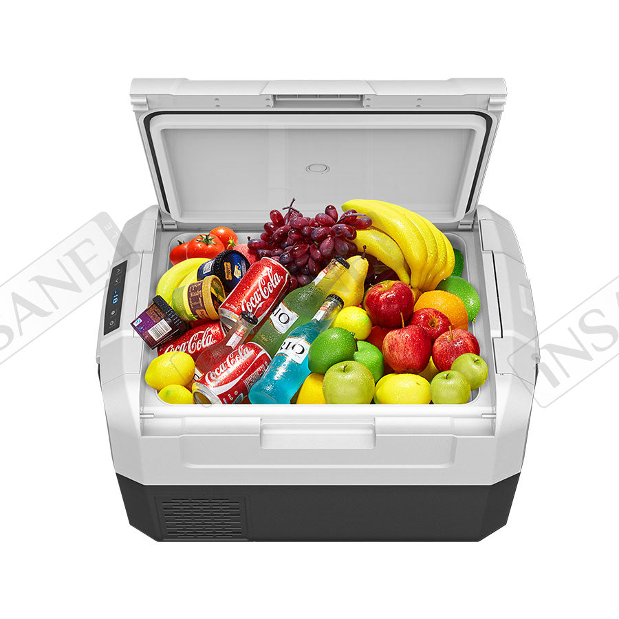Car Fridge 35L 3-way for grocery shopping, travel, and camping, Open Lid Both Sides, Removable Lid