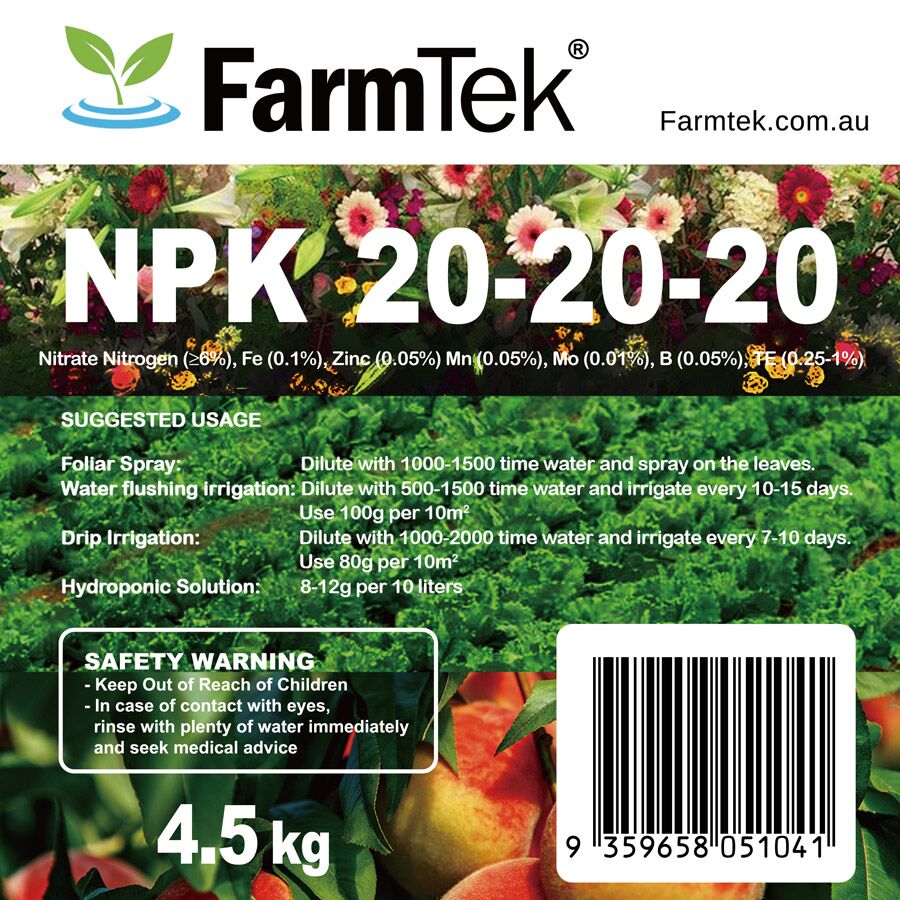 Farmtek NPK Fertilizer 20-20-20 Trace Elements Commercial Grade 100% Soluble (Multipurpose) 4.5kg