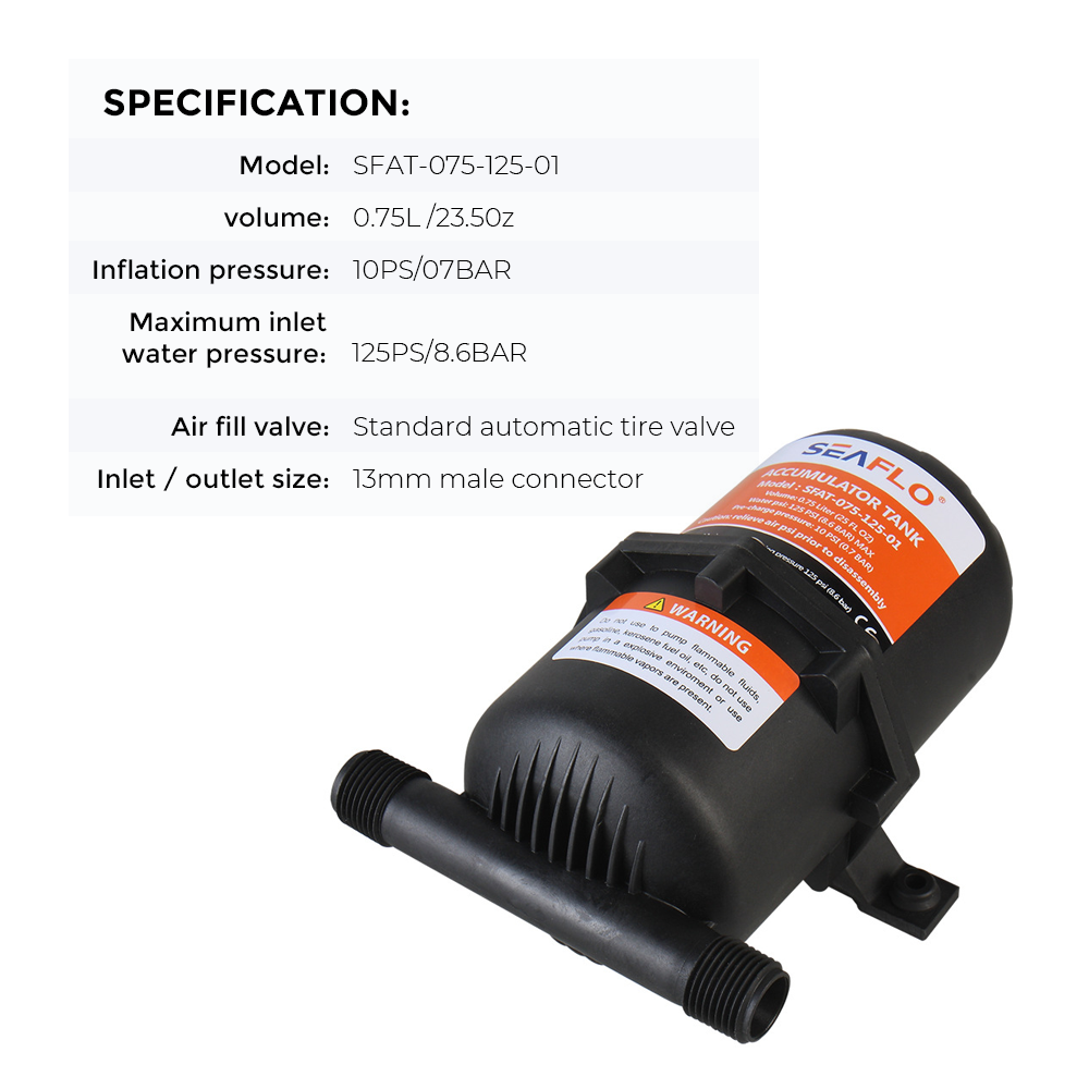 Seaflo Accumulator Tank Booster Pump 0.75L/25 OZ 125 PSI Easy Connect Ideal for RV Yachts RVs Agriculture Flow Control Pressurized Water Systems YS