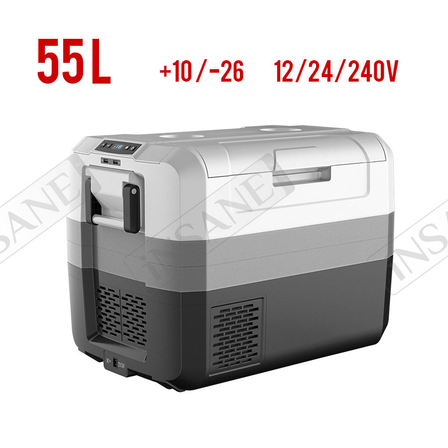 Car Fridge 55L 3-way for grocery shopping, travel, and camping, Open Lid Both Sides, Removable Lid