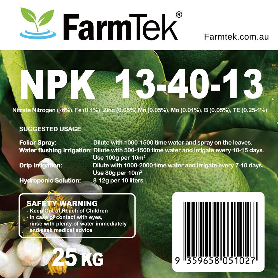 Farmtek NPK Fertilizer 13-40-13 Trace Elements Commercial Grade 100% Soluble (Bloom Nutrients) 25kg