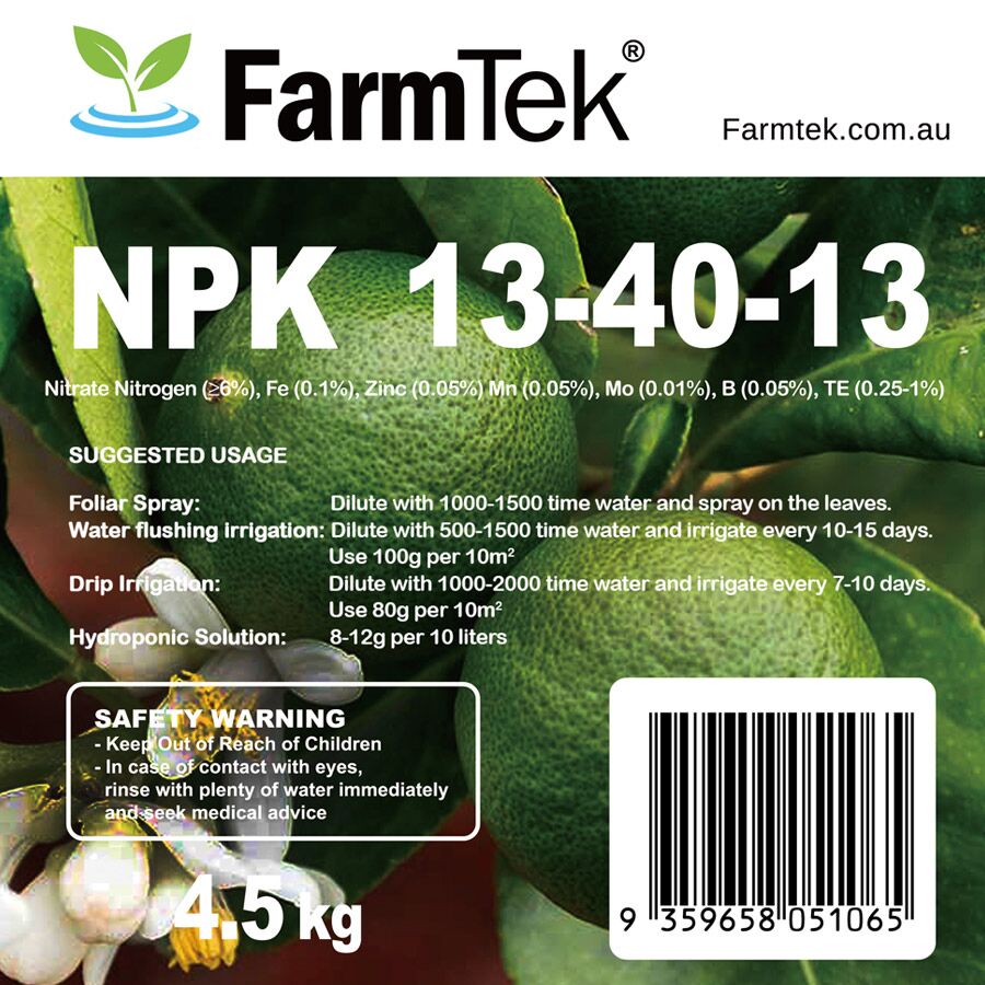 Farmtek NPK Fertilizer 13-40-13 Trace Elements Commercial Grade 100% Soluble (Bloom Nutrients) 4.5kg