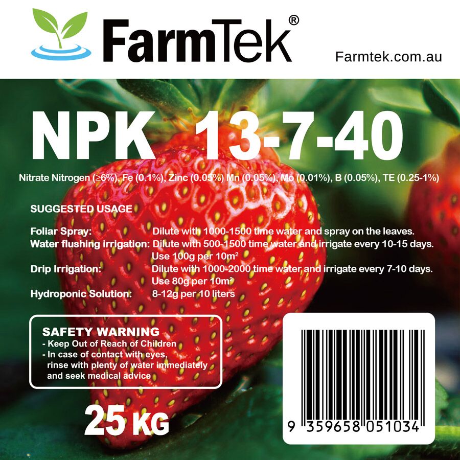 Farmtek NPK Fertilizer 13-7-40 Trace Elements Commercial Grade 100% Soluble (Fruiting Fertilizer) 25kg