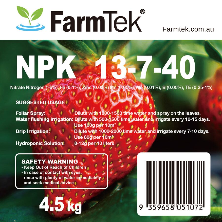 Farmtek NPK Fertilizer 13-7-40 Trace Elements Commercial Grade 100% Soluble (Fruiting Fertilizer) 4.5kg