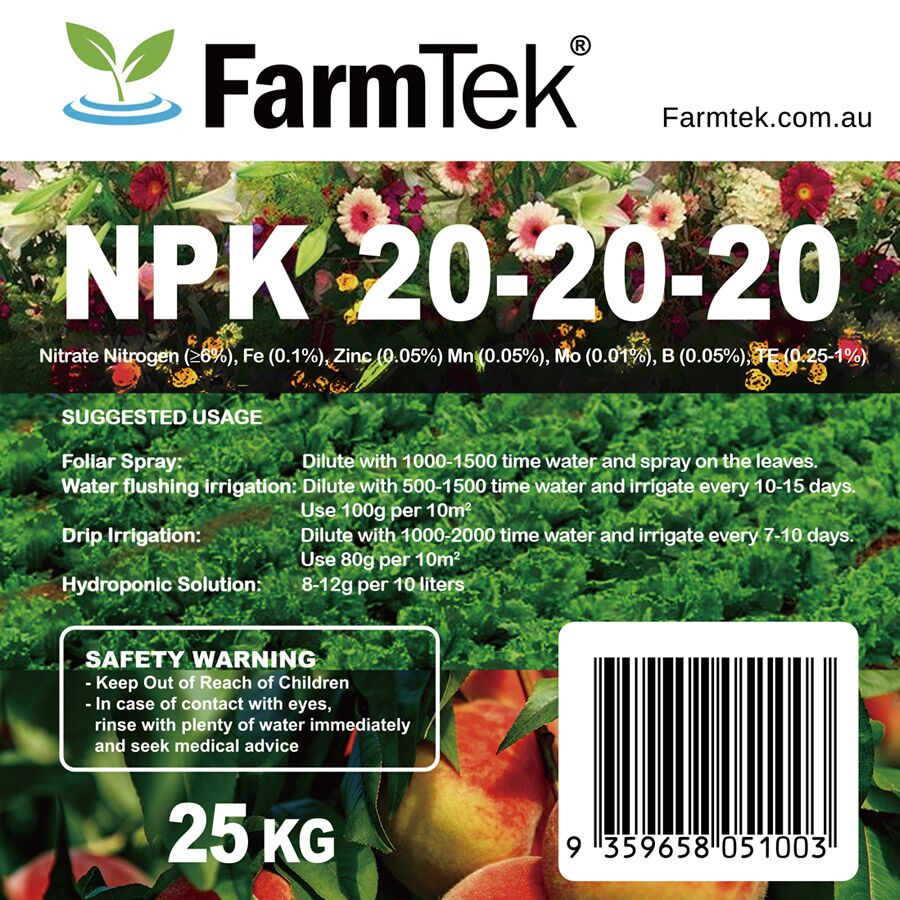 Farmtek NPK Fertilizer 20-20-20 Trace Elements Commercial Grade 100% Soluble (Multipurpose) 25kg