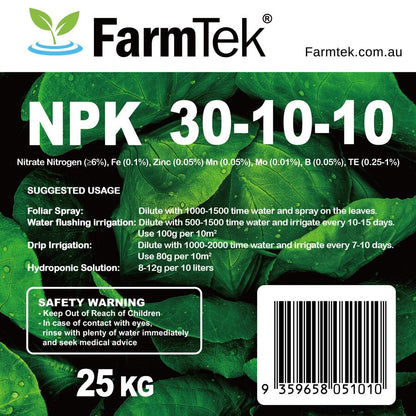 Farmtek NPK Fertilizer 30-10-10 Trace Elements Commercial Grade 100% Soluble (Nitrogen Focused) 25kg